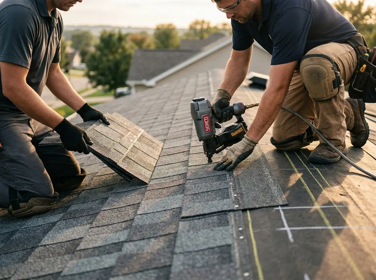 Professional roofer working on a residential roof in Dawsonville